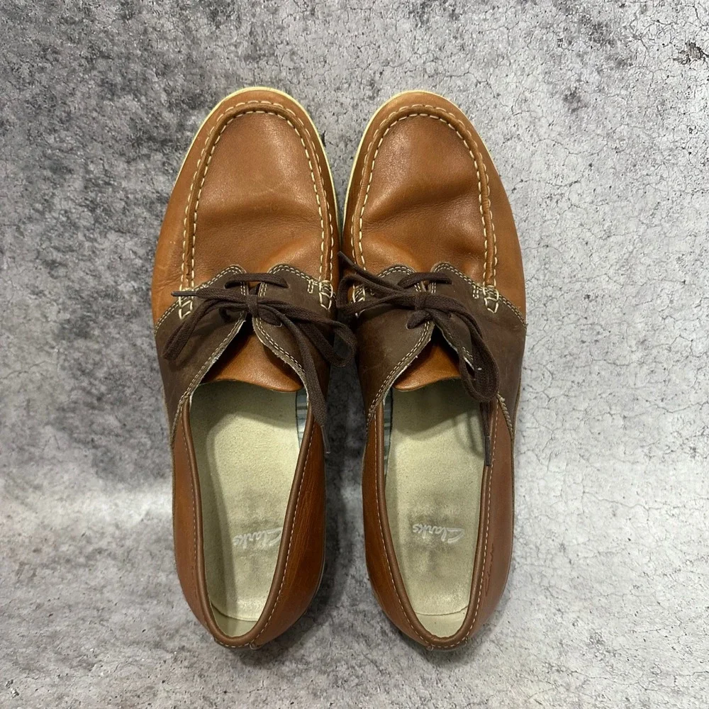 Clarks Boat Shoes Mens 12 Brown Leather Lace Up Casual Moccasin Toe 63732